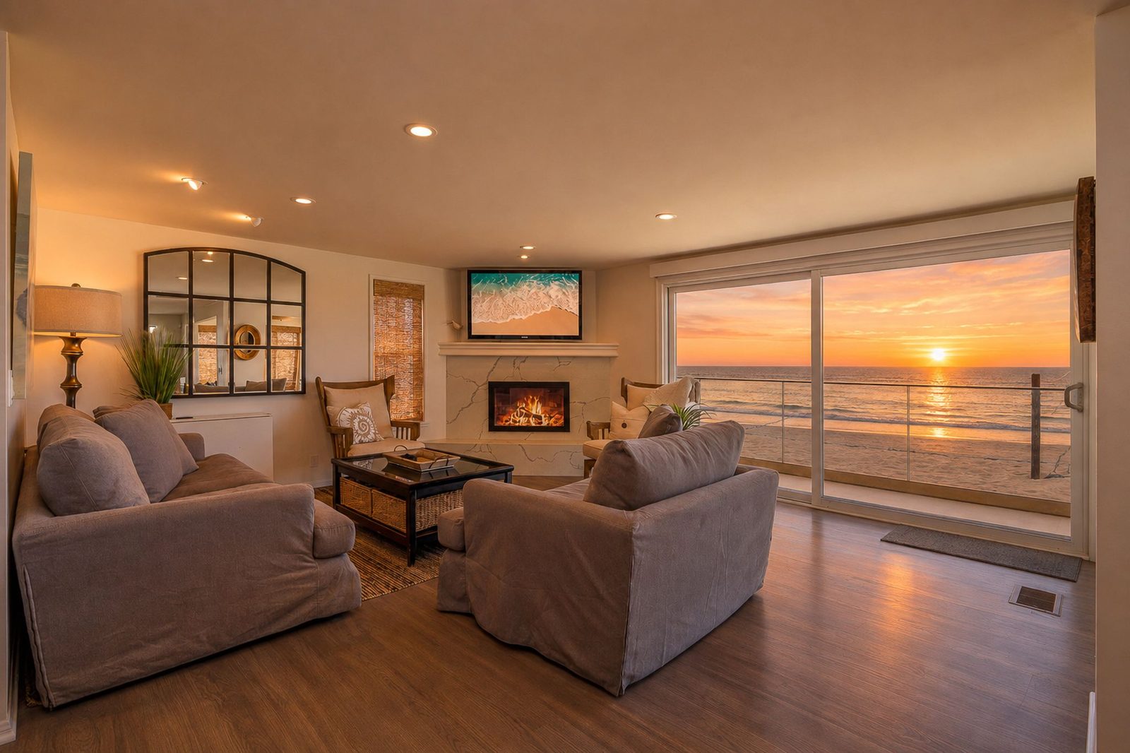 Living room with fireplace as the sun sets over the ocean